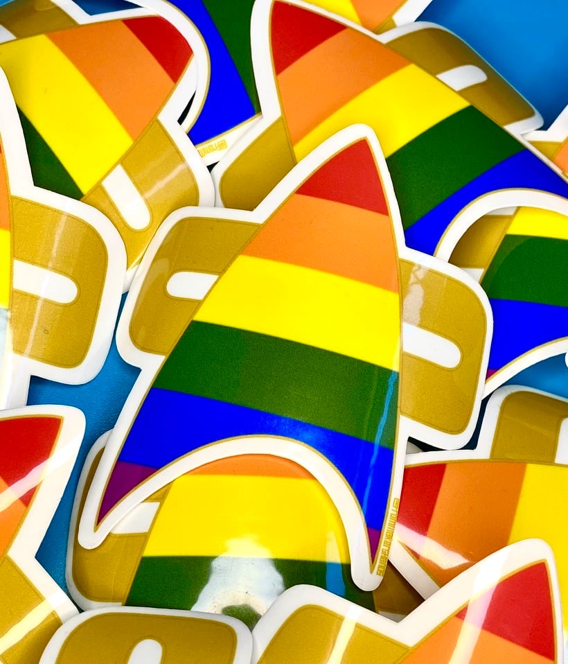 Image of 6 Color Pride Com Badge Sticker, LGBTQIA+, Star Trek Voyager, DS9