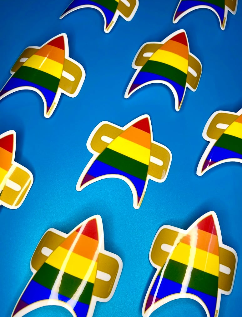 Image of 6 Color Pride Com Badge Sticker, LGBTQIA+, Star Trek Voyager, DS9
