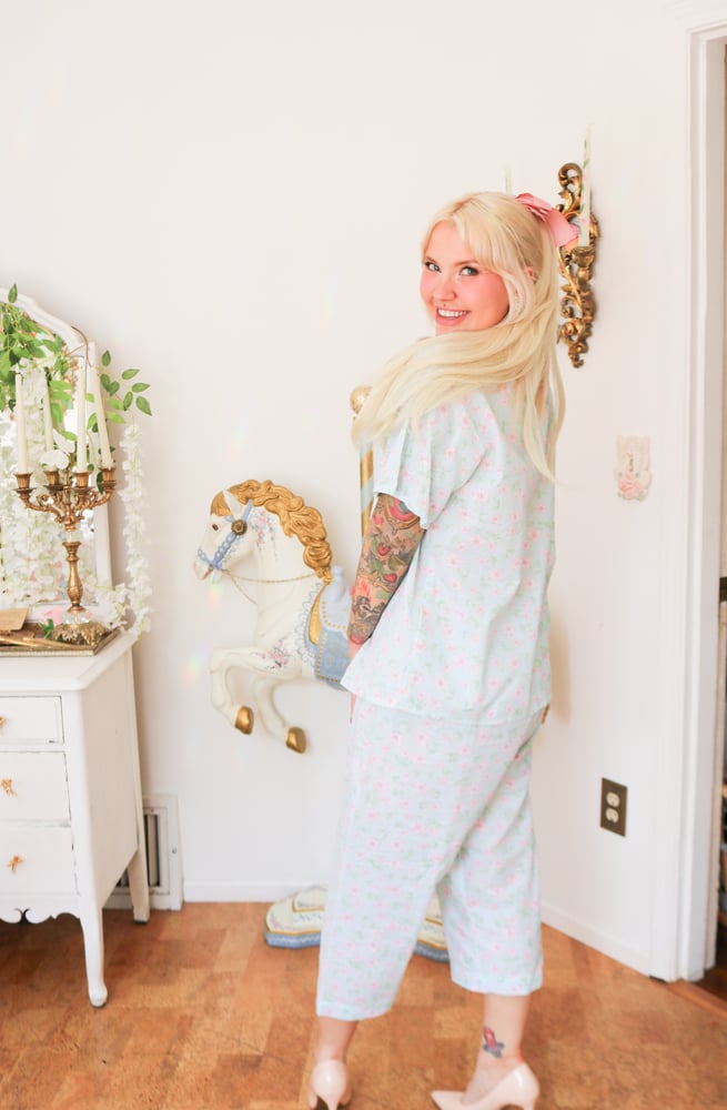 Image of Vintage 1980s Lady Lindsey Pastel Blue Floral PJ Set (Medium)