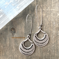 Image 2 of Silver Mandala Fan Earrings, Etched Silver Earrings, Tribal Boho Festival Jewelry