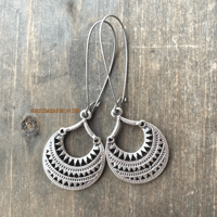 Image 5 of Silver Mandala Fan Earrings, Etched Silver Earrings, Tribal Boho Festival Jewelry