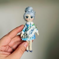 Image 2 of Tiny Handmade Doll 4" blue hair bun