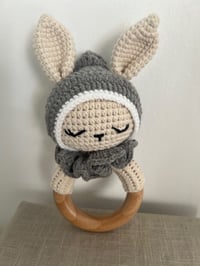 Image 1 of Crochet Bunny Rattle with Grey hood