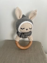 Image 2 of Crochet Bunny Rattle with Grey hood