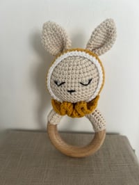 Image 1 of Crochet Bunny Rattle with Yellow hood