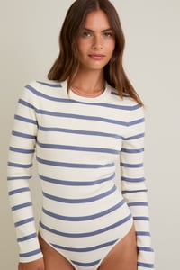Image 3 of Round Neck Long Sleeve Stripe Knit Bodysuit