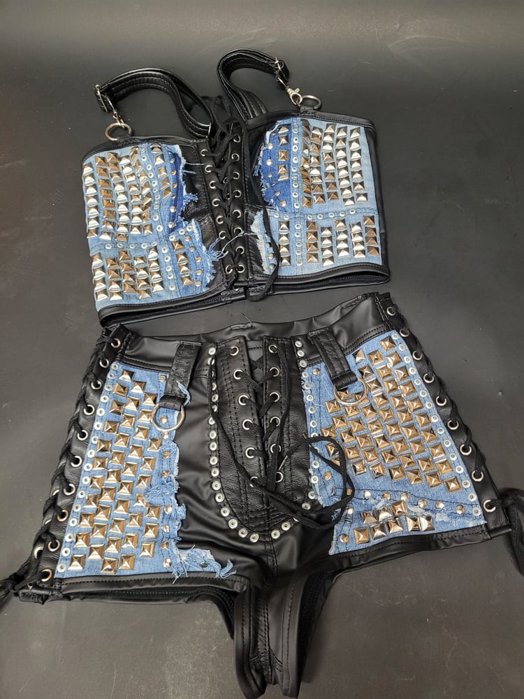 Image of DENIM AND LEATHER HOT PANTS