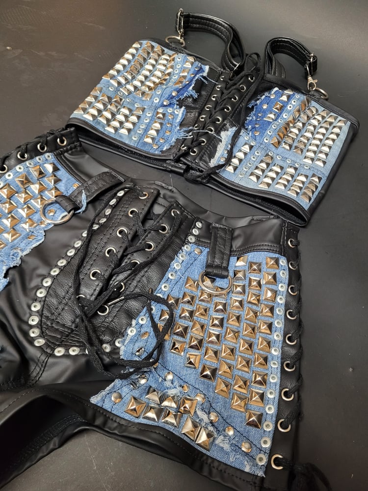 Image of DENIM AND LEATHER HOT PANTS
