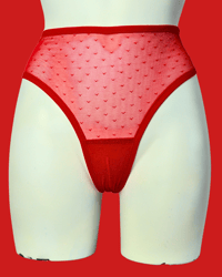 Image 1 of The FAITH thong in spicy red pin dot mesh