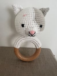 Image 1 of Handcrafted Crochet Cat Rattle Wooden Teether