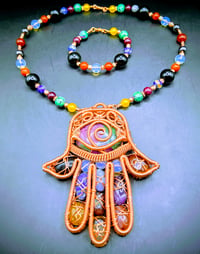 Image 1 of Custom Hamsa Hand Pendant/Ruby Zoisite Obsidian Red Garnet Lapis Lazuli Necklace with Bracelet 