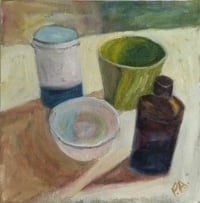 Image 1 of Four Objects, 2025. Oil on linen.  12 x 12 inches. 