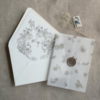 Image 7 of Elegant French rose lace vellum wrap and envelope insert for A7 euro flap envelope