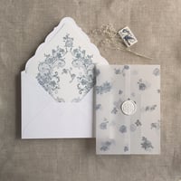 Image 9 of Elegant French rose lace vellum wrap and envelope insert for A7 euro flap envelope