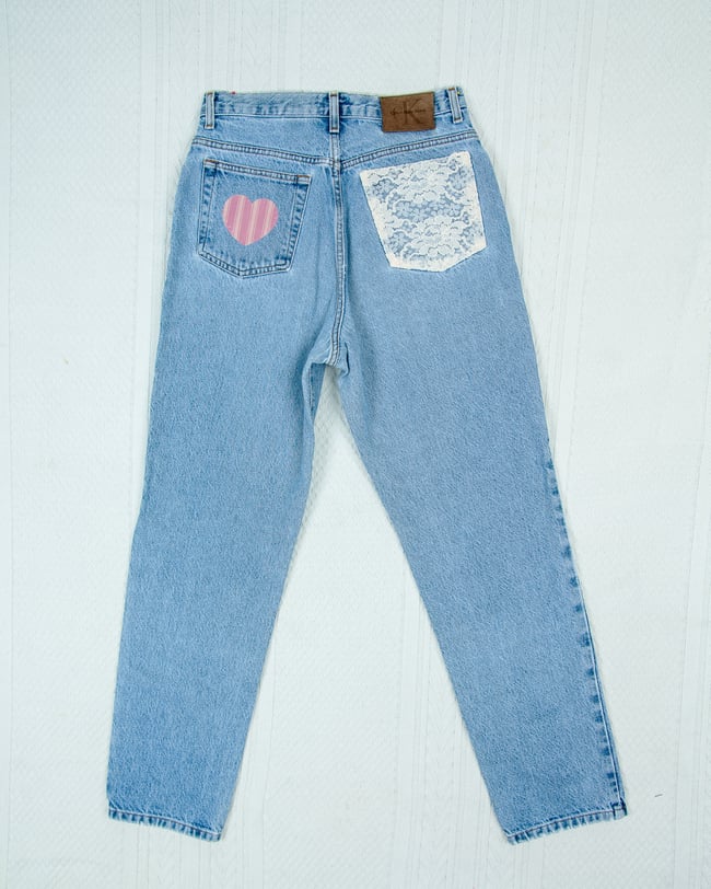 Upcycled Heart Patch Denim Jeans w/ Lace Accent Pocket