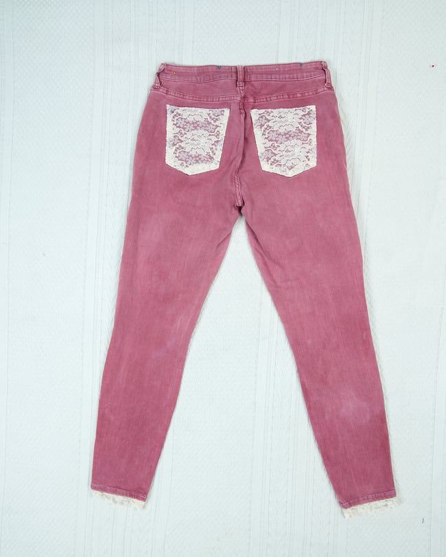 Upcycled Pink Denim Jeans with Lace Accents and Trim