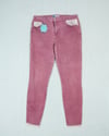Upcycled Pink Denim Jeans with Lace Accents and Trim