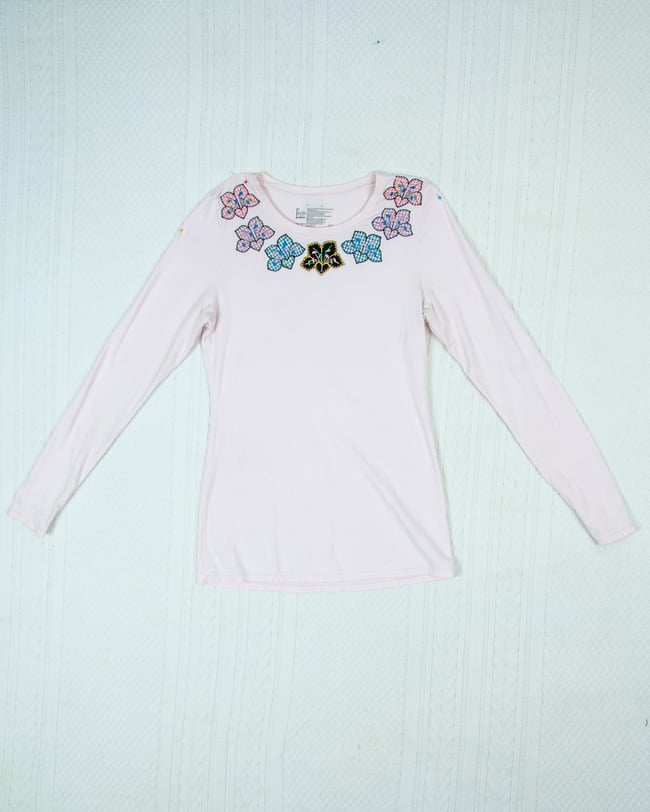 Upcycled Vintage Flower Patch Neckline Long Sleeve Shirt