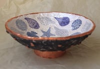 Image 3 of Dark Blue Paper Mache Bowl with Seashell and bronze rim – Handmade Coastal Decor