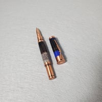 Image 4 of Blue 12 Gauge Shotgun Shell Rollerball Pen with Turkey Feathers, Antique Copper Finish, #0309