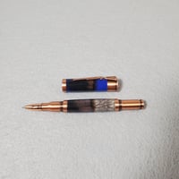 Image 7 of Blue 12 Gauge Shotgun Shell Rollerball Pen with Turkey Feathers, Antique Copper Finish, #0309