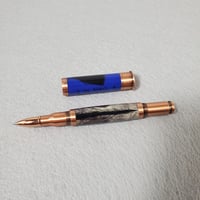 Image 9 of Blue 12 Gauge Shotgun Shell Rollerball Pen with Turkey Feathers, Antique Copper Finish, #0309