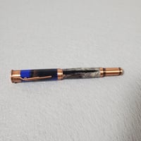 Image 5 of Blue 12 Gauge Shotgun Shell Rollerball Pen with Turkey Feathers, Antique Copper Finish, #0309