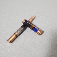 Image 3 of Blue 12 Gauge Shotgun Shell Rollerball Pen with Turkey Feathers, Antique Copper Finish, #0309
