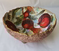 Image 1 of Small paper mache bowl with pomegranate decoupage on four legs