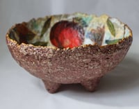 Image 3 of Small paper mache bowl with pomegranate decoupage on four legs