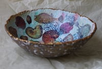 Image 1 of Paper Mache Bowl with Fish, Jellyfish and Seashells Decoupage - Coastal Style Decor