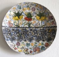 Image 1 of Paper Mache Wall Plate with Crown Imperial & Shells | Colorful Decoupage Art