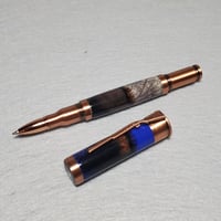 Image 11 of Blue 12 Gauge Shotgun Shell Rollerball Pen with Turkey Feathers, Antique Copper Finish, #0309
