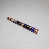Image 1 of Blue 12 Gauge Shotgun Shell Rollerball Pen with Turkey Feathers, Antique Copper Finish, #0309