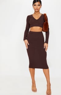 Image 1 of PRETTY LITTLE THING- BROWN RIBBED HIGH WAIST MIDI SKIRT
