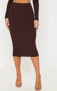 Image 2 of PRETTY LITTLE THING- BROWN RIBBED HIGH WAIST MIDI SKIRT