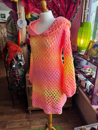Image 1 of SUNDANCER. Long hooded jumper dress - flared bell sleeves - handmade crochet - vegan acrylic - pa...