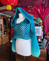 Image 1 of Seabeam - lightweight cropped hooded jumper/sweater - flared bell sleeve - handmade crochet - blu...