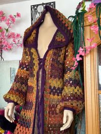 Image 1 of Mellow - crochet cardigan duster - orange purple green brown maxi long hooded cardi - acrylic veg...