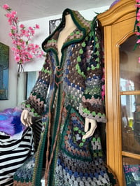 Image 1 of Forest Girl - crochet cardigan duster - green brown maxi long hooded cardi - acrylic vegan - cors...