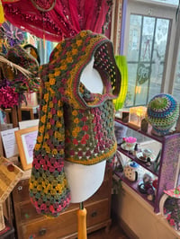 Image 1 of Sage - cropped hooded jumper/sweater - flared bell sleeve - handmade crochet - red green gold aut...