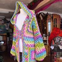 Image 1 of Spring Fling - crochet maxi long hooded cardigan duster - big pockets hood - pink green blue purp...