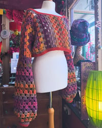 Image 1 of Earthling - cropped jumper crop sweater - flared bell sleeve - handmade crochet - purple berry or...