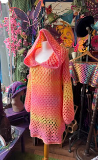 Image 2 of SUNDANCER. Long hooded jumper dress - flared bell sleeves - handmade crochet - vegan acrylic - pa...