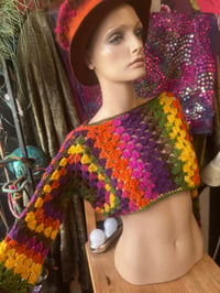 Image 2 of Retrovision - Crochet slash neck crop jumper - handspun sparkly merino wool pink orange yellow br...