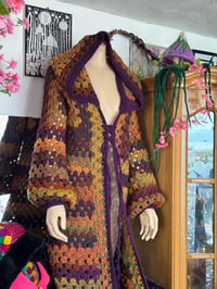 Image 2 of Mellow - crochet cardigan duster - orange purple green brown maxi long hooded cardi - acrylic veg...
