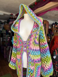 Image 2 of Spring Fling - crochet maxi long hooded cardigan duster - big pockets hood - pink green blue purp...