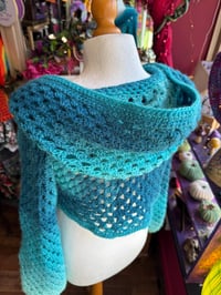 Image 3 of Seabeam - lightweight cropped hooded jumper/sweater - flared bell sleeve - handmade crochet - blu...