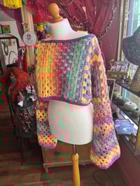 Image 2 of Ethereal - Cropped jumper crop top off shoulder - wide flared sleeve - handmade crochet - pastel ...