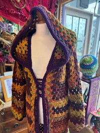 Image 3 of Mellow - crochet cardigan duster - orange purple green brown maxi long hooded cardi - acrylic veg...